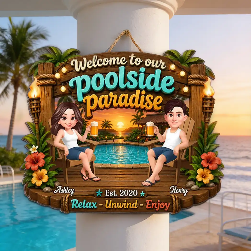 Personalized Wooden Sign, Couple Sitting by Sunlit Pool, Unique Creative Gift for Poolside Decor