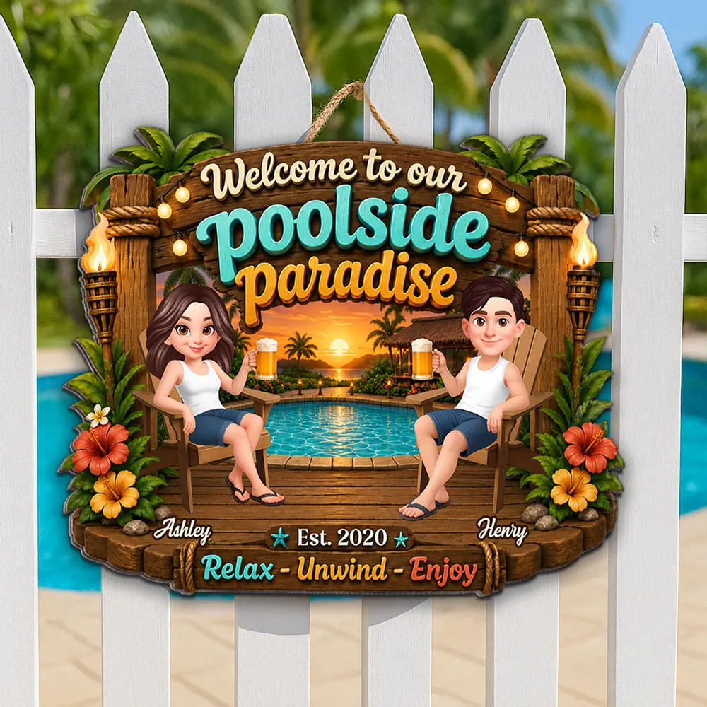 Personalized Wooden Sign, Couple Sitting by Sunlit Pool, Unique Creative Gift for Poolside Decor - Image 2
