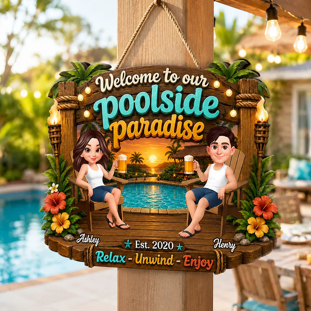 Personalized Wooden Sign, Couple Sitting by Sunlit Pool, Unique Creative Gift for Poolside Decor - Image 3