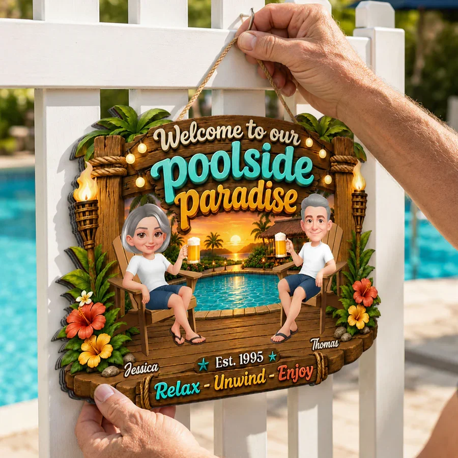 Personalized Wooden Sign, Couple Sitting by Sunlit Pool, Unique Creative Gift for Poolside Decor - Image 4