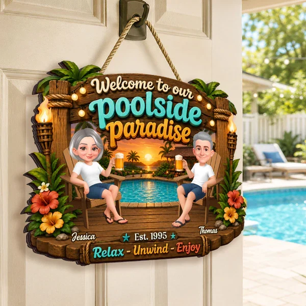 Personalized Wooden Sign, Couple Sitting by Sunlit Pool, Unique Creative Gift for Poolside Decor - Image 7