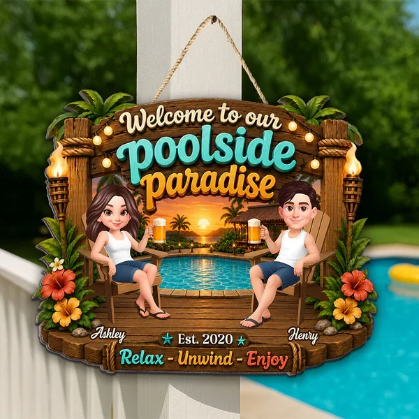 Personalized Wooden Sign, Couple Sitting by Sunlit Pool, Unique Creative Gift for Poolside Decor - Image 8