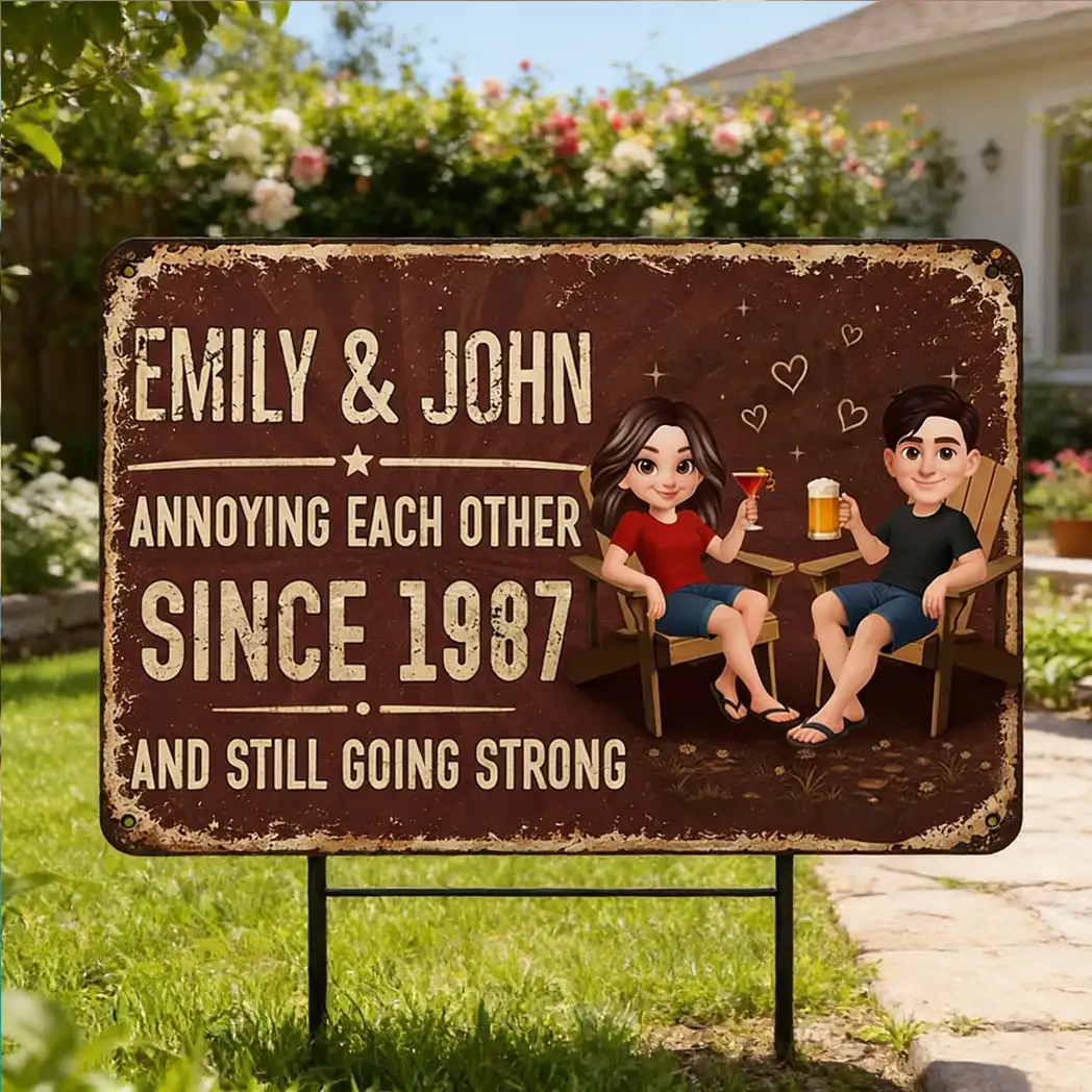 Personalized Rectangular Iron Sign, Unique Annoying Each Other Couple Gift with Garden Drinks