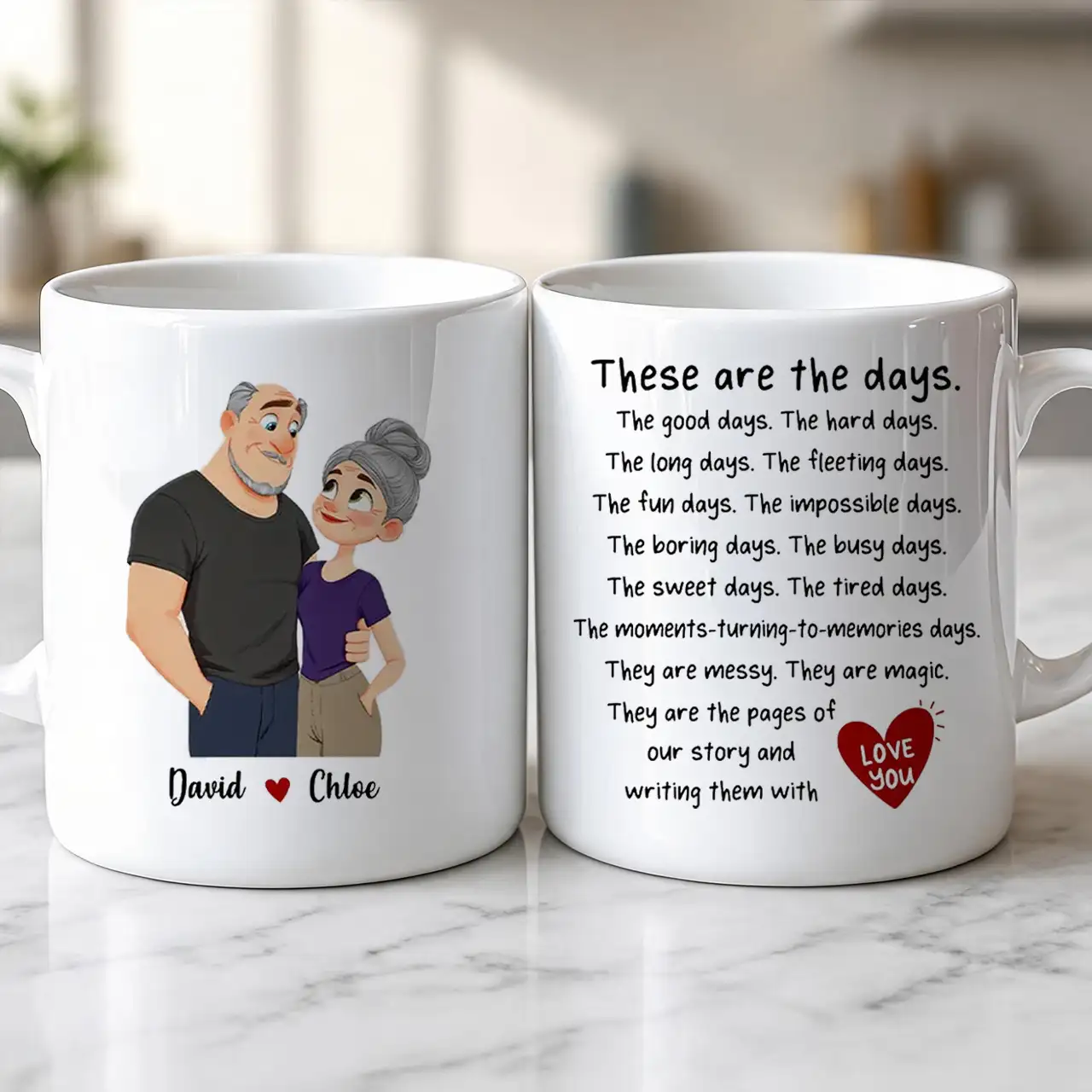 Personalized Ceramic Mug With Hugging Couple Art, These Are the Days, Unique Creative Gift for Partner