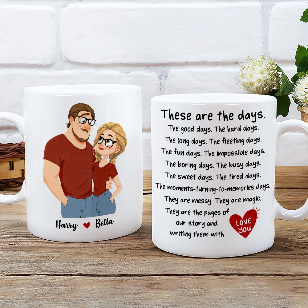 Personalized Ceramic Mug With Hugging Couple Art, These Are the Days, Unique Creative Gift for Partner - Image 2