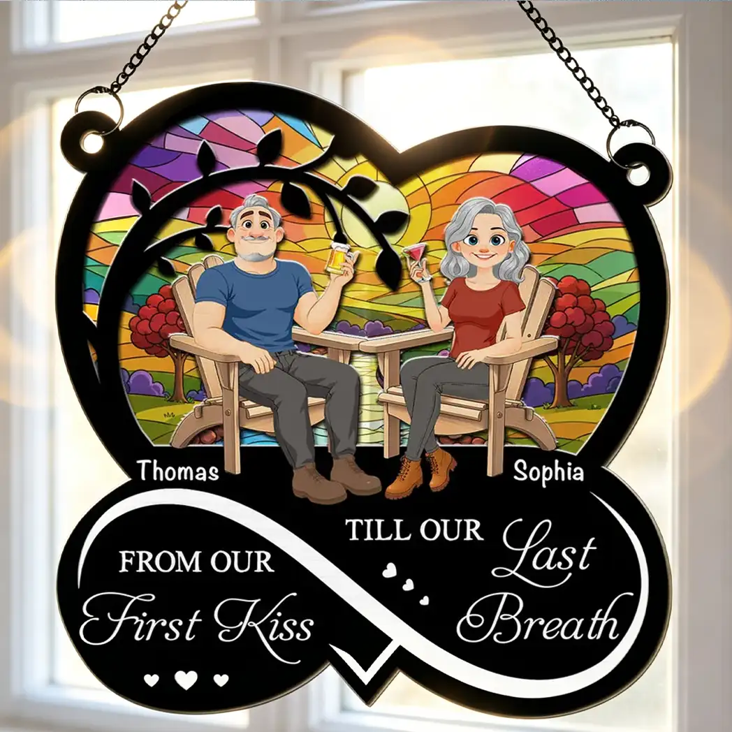 Personalized Wood & Acrylic Layered Ornament, Seated Couple Sunset Scene, Unique Gift for Couple