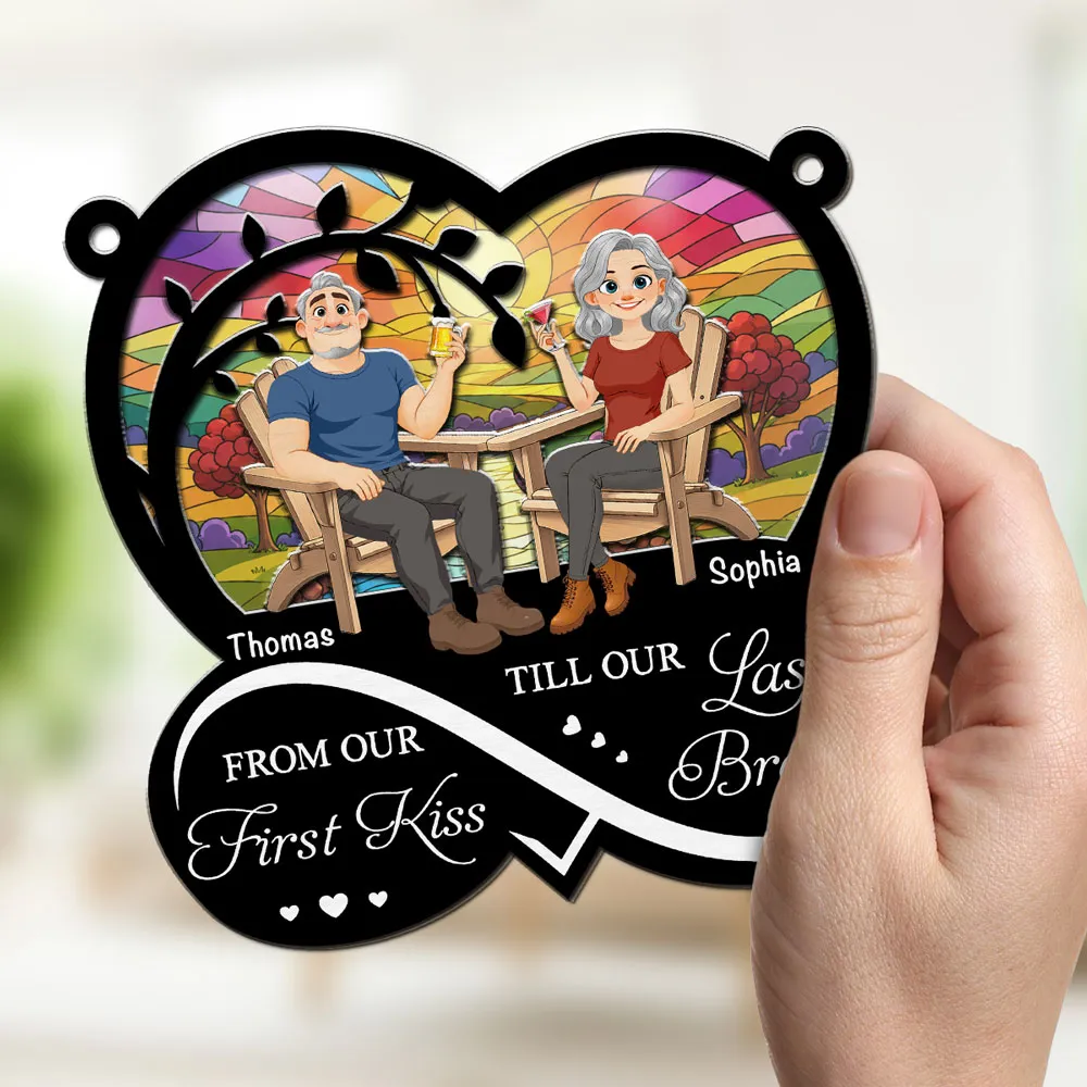 Personalized Wood & Acrylic Layered Ornament, Seated Couple Sunset Scene, Unique Gift for Couple - Image 3