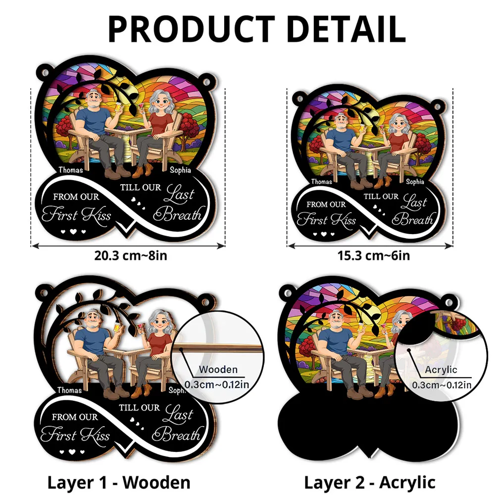 Personalized Wood & Acrylic Layered Ornament, Seated Couple Sunset Scene, Unique Gift for Couple - Image 4