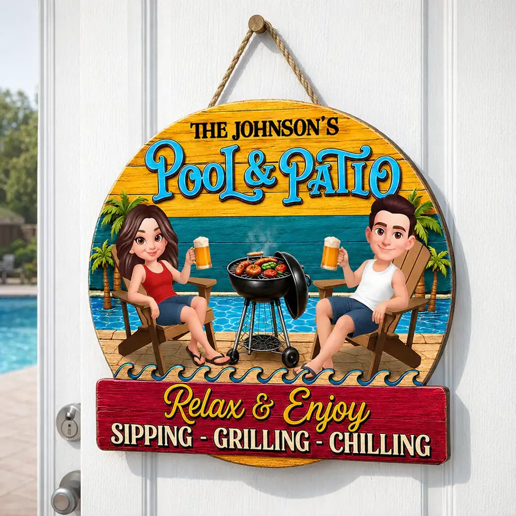 Personalized Wooden Sign with Cartoon Couple by Pool & Patio, Unique Creative Gift for Couples