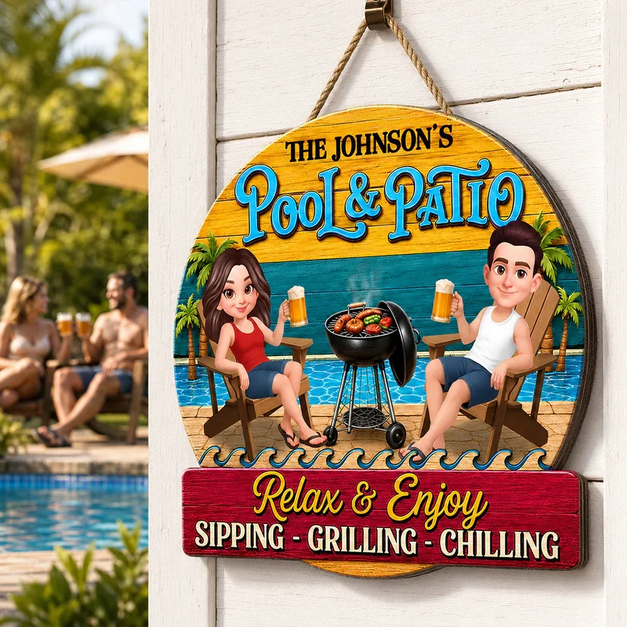 Personalized Wooden Sign with Cartoon Couple by Pool & Patio, Unique Creative Gift for Couples - Image 2