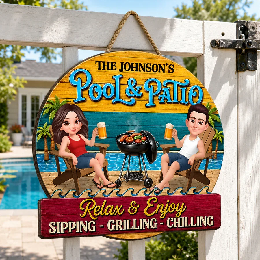 Personalized Wooden Sign with Cartoon Couple by Pool & Patio, Unique Creative Gift for Couples - Image 3