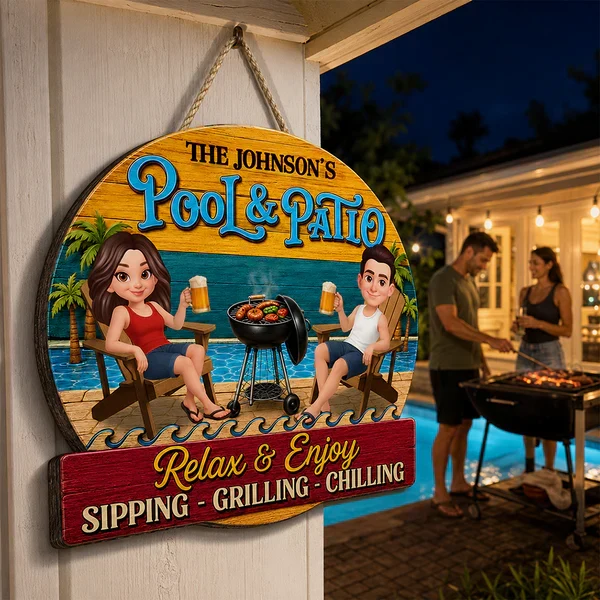 Personalized Wooden Sign with Cartoon Couple by Pool & Patio, Unique Creative Gift for Couples - Image 5