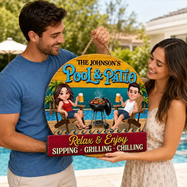 Personalized Wooden Sign with Cartoon Couple by Pool & Patio, Unique Creative Gift for Couples - Image 6