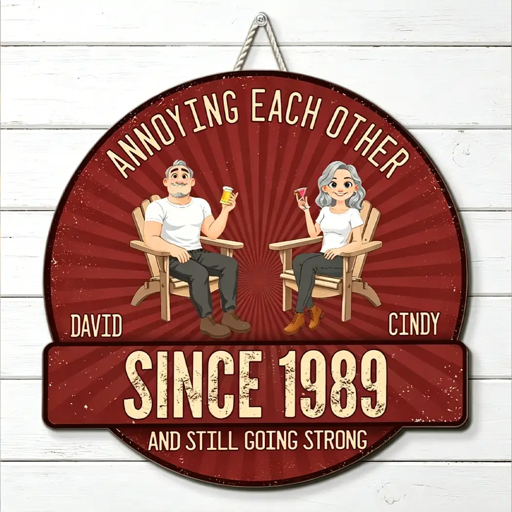 Personalized Wooden Sign for Couple, Sitting Partners with Drinks, Vintage Red Unique Gift