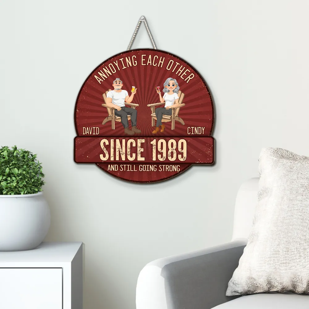 Personalized Wooden Sign for Couple, Sitting Partners with Drinks, Vintage Red Unique Gift - Image 3