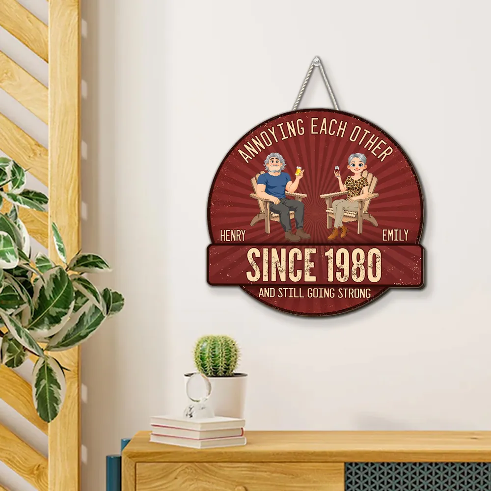Personalized Wooden Sign for Couple, Sitting Partners with Drinks, Vintage Red Unique Gift - Image 5