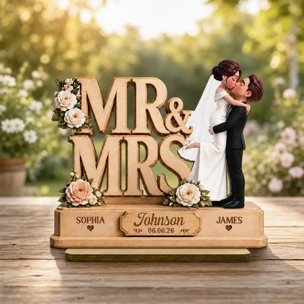 Personalized Wooden Plaque With Mr & Mrs Wedding Design, Kissing Couple, Unique Creative Gift