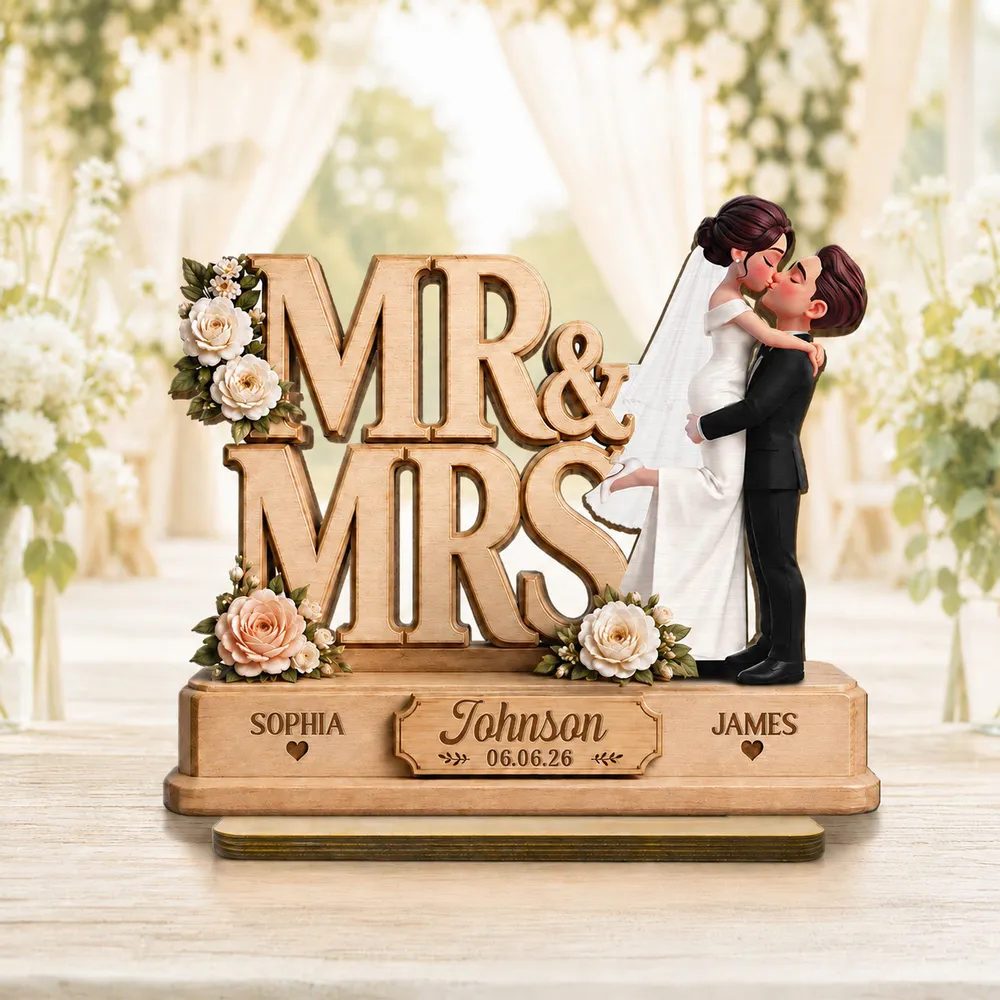 Personalized Wooden Plaque With Mr & Mrs Wedding Design, Kissing Couple, Unique Creative Gift - Image 2