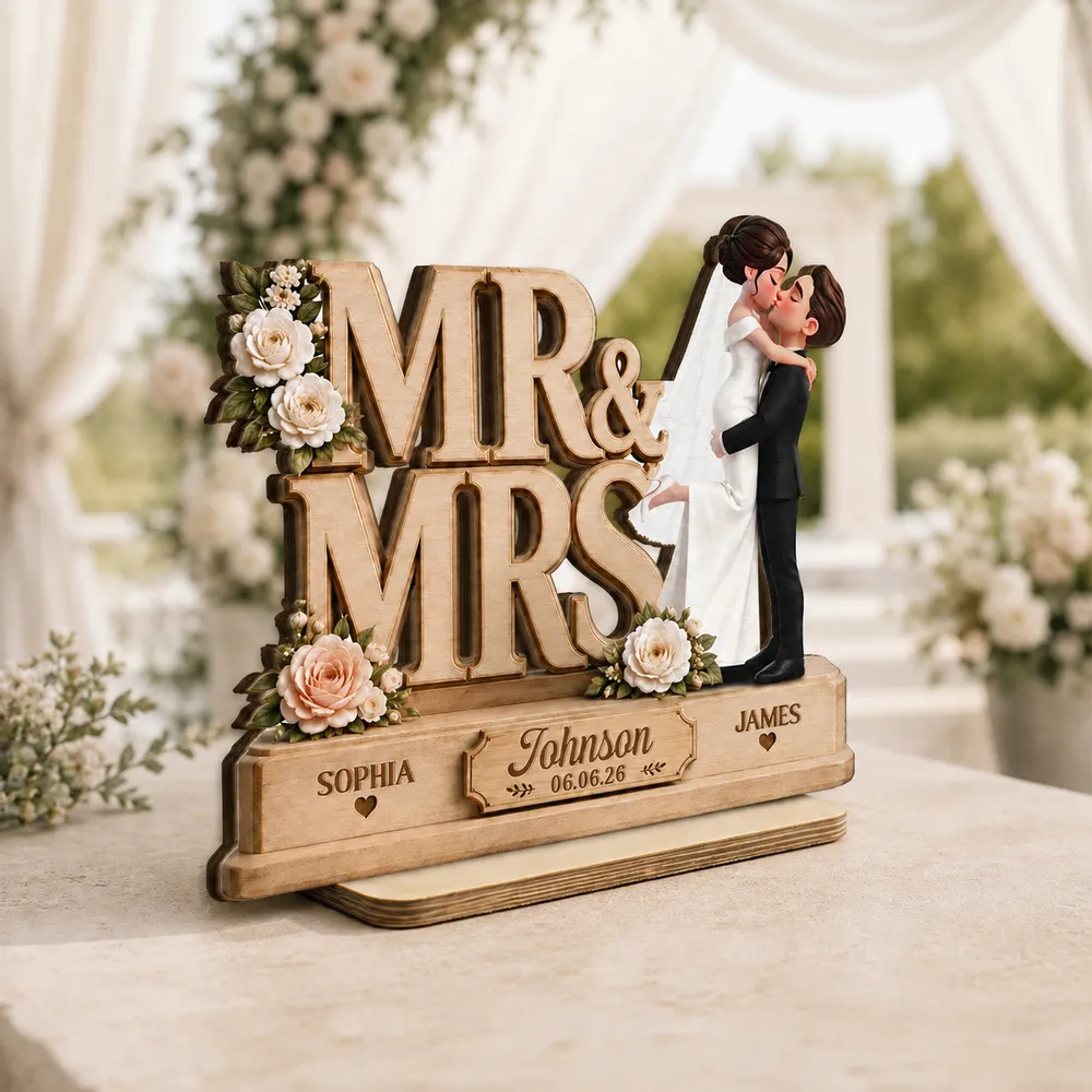 Personalized Wooden Plaque With Mr & Mrs Wedding Design, Kissing Couple, Unique Creative Gift - Image 3