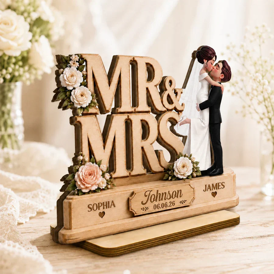 Personalized Wooden Plaque With Mr & Mrs Wedding Design, Kissing Couple, Unique Creative Gift - Image 5