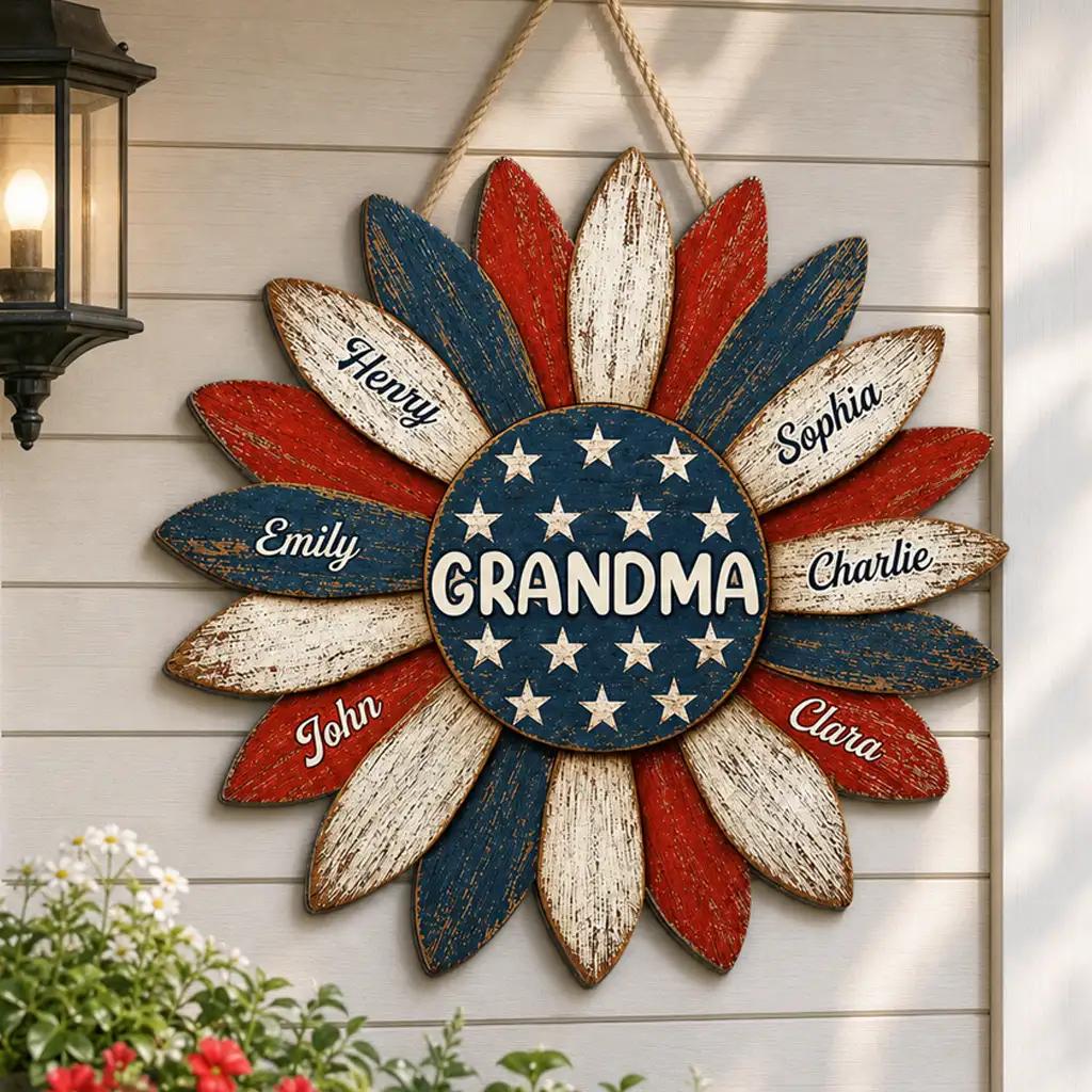 Personalized Grandma Wooden Sign, Patriotic Sunflower Porch Decor, Unique Creative Gift for Grandma
