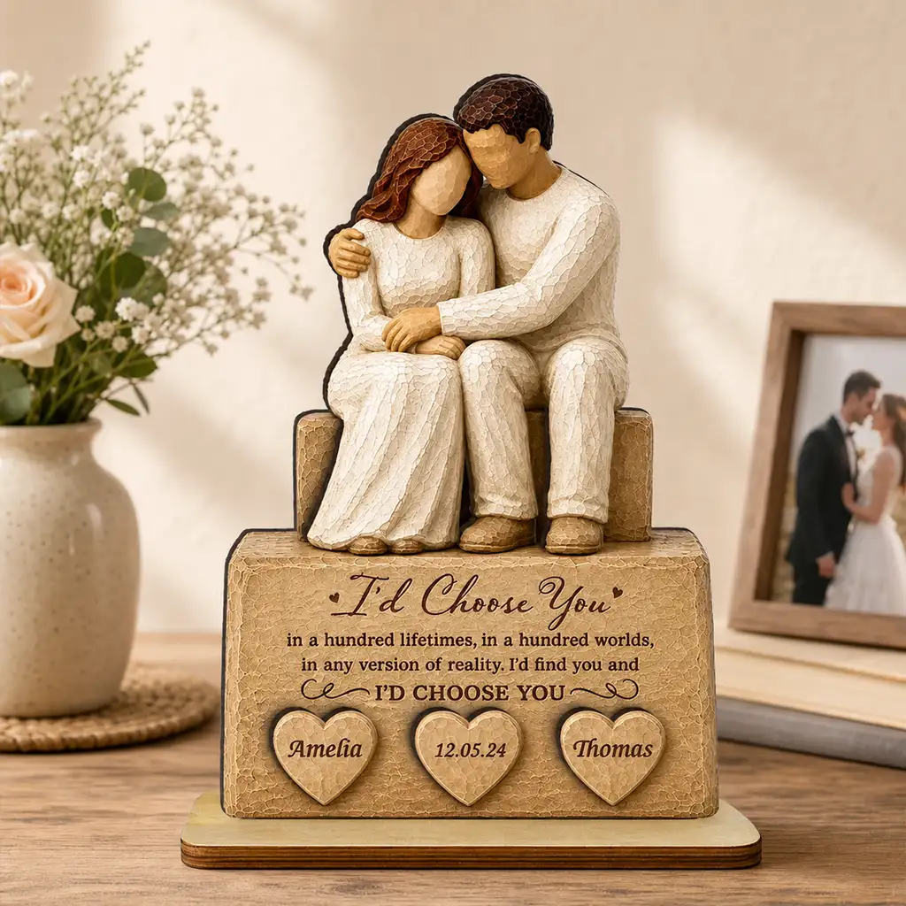 Personalized 2-Layer Wooden Plaque with Embracing Couple, I'd Choose You Quote, Unique Anniversary Gift