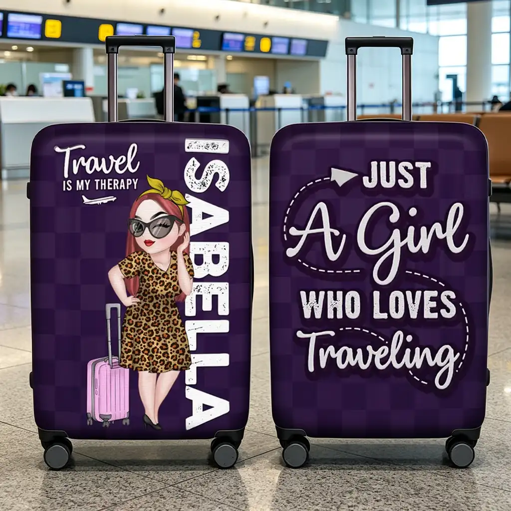 Personalized Luggage Cover with Standing Travel Girl, Purple Design, Unique Gift for Women Travelers