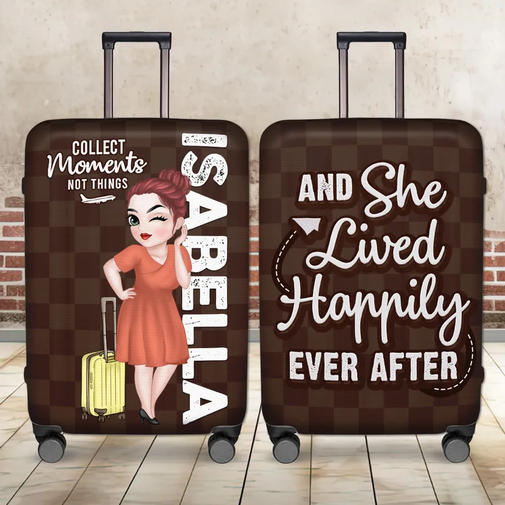 Personalized Luggage Cover with Standing Travel Girl, Purple Design, Unique Gift for Women Travelers - Image 2