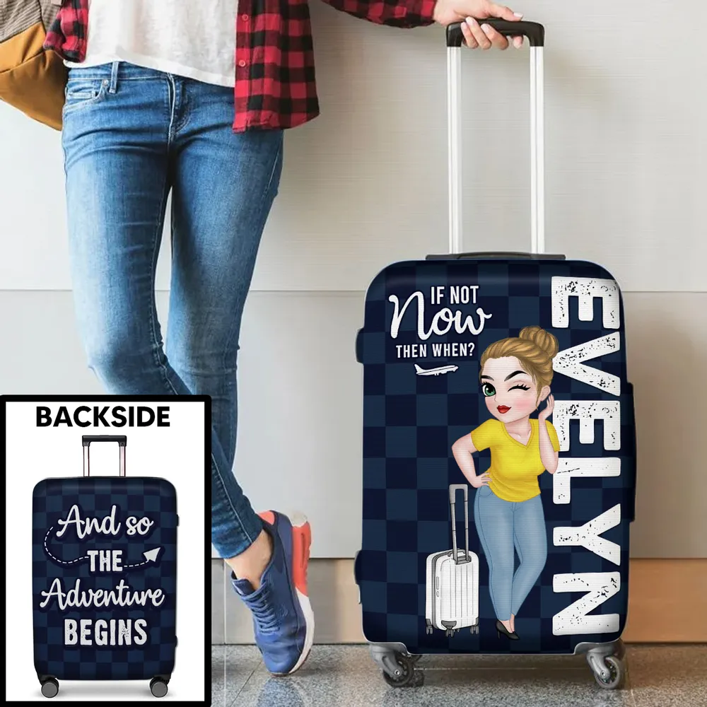 Personalized Luggage Cover with Standing Travel Girl, Purple Design, Unique Gift for Women Travelers - Image 3