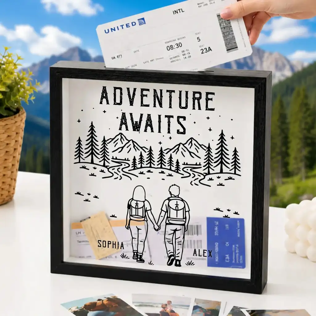 Personalized Wooden Ticket Keepsake Box, Couple Holding Hands on Mountain Trail, Unique Travel Gift