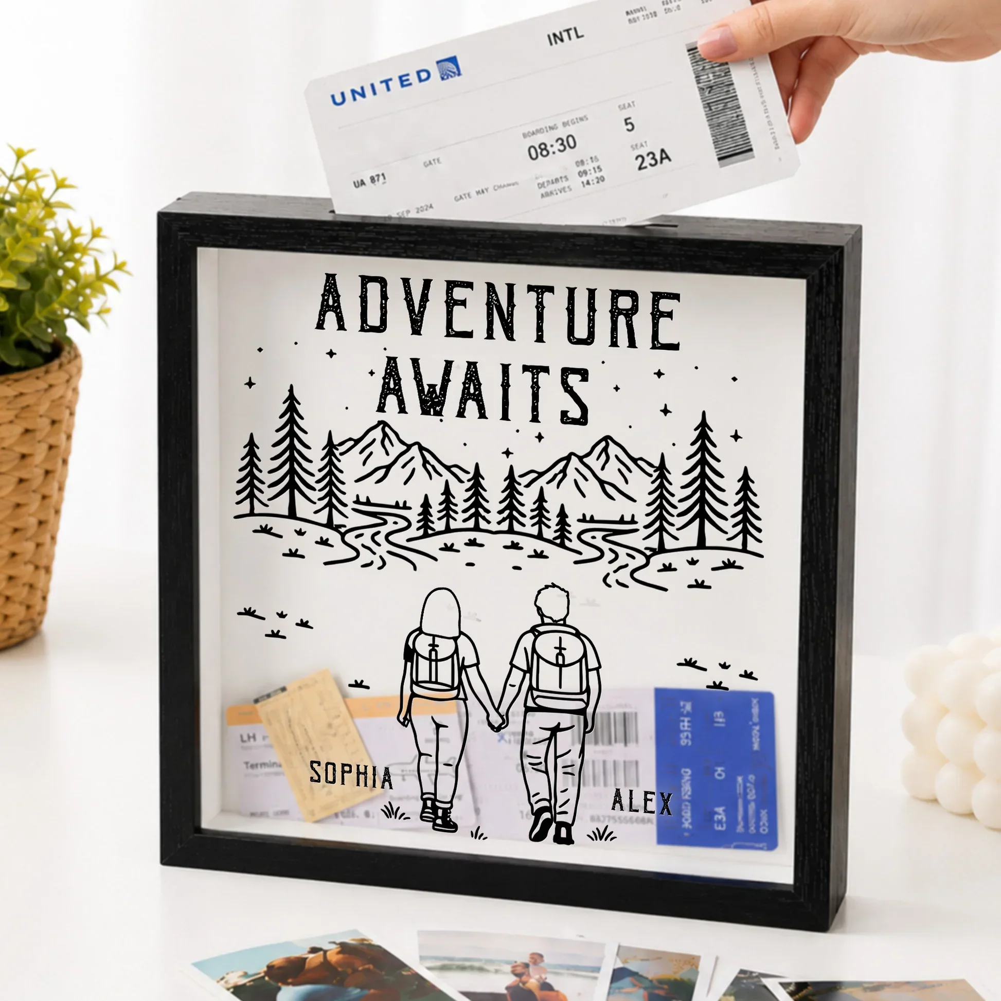 Personalized Wooden Ticket Keepsake Box, Couple Holding Hands on Mountain Trail, Unique Travel Gift - Image 2