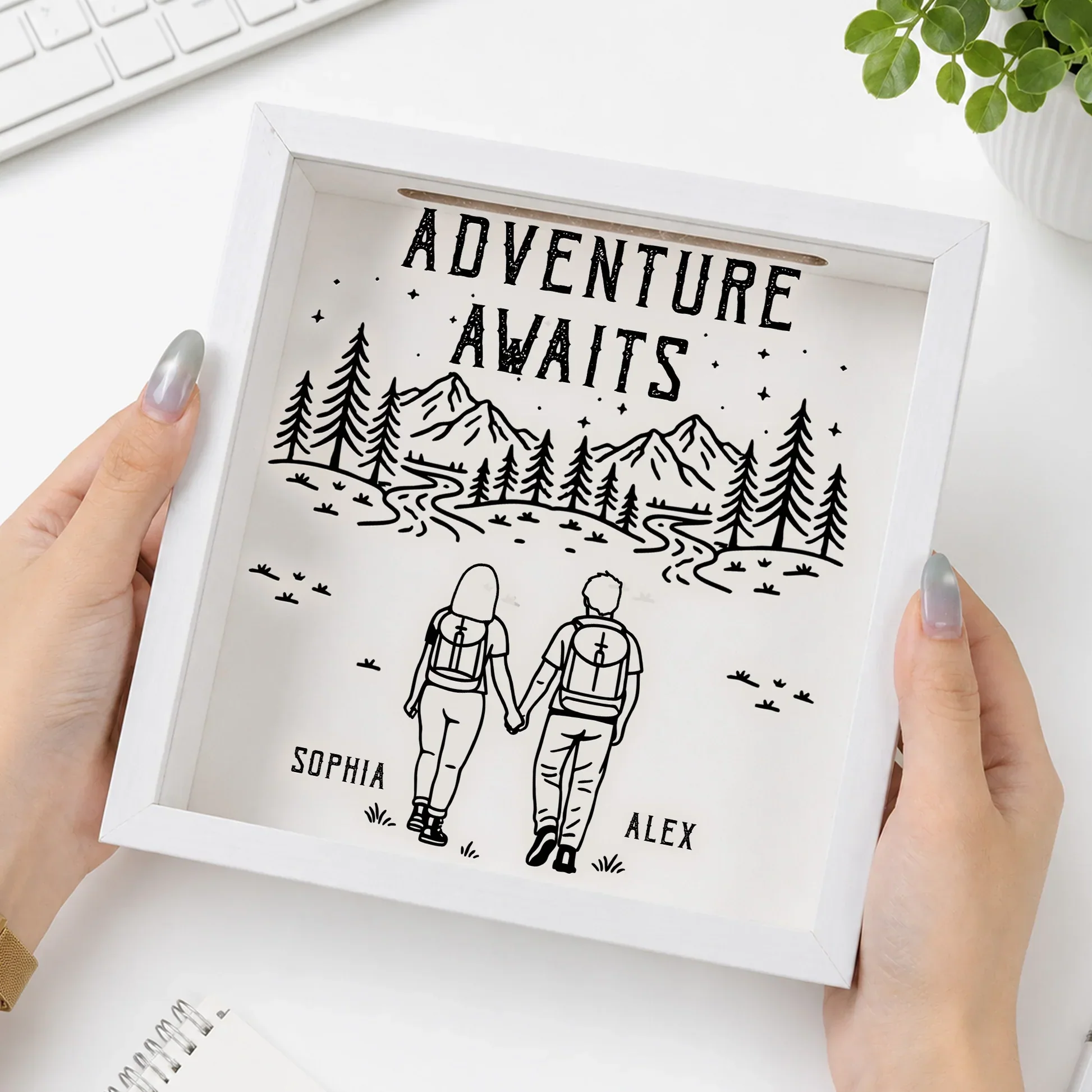 Personalized Wooden Ticket Keepsake Box, Couple Holding Hands on Mountain Trail, Unique Travel Gift - Image 4