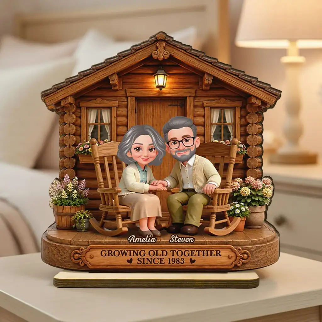 Personalized Wooden Plaque, Senior Couple Holding Hands by Cozy Cabin, Unique Creative Gift for Couple