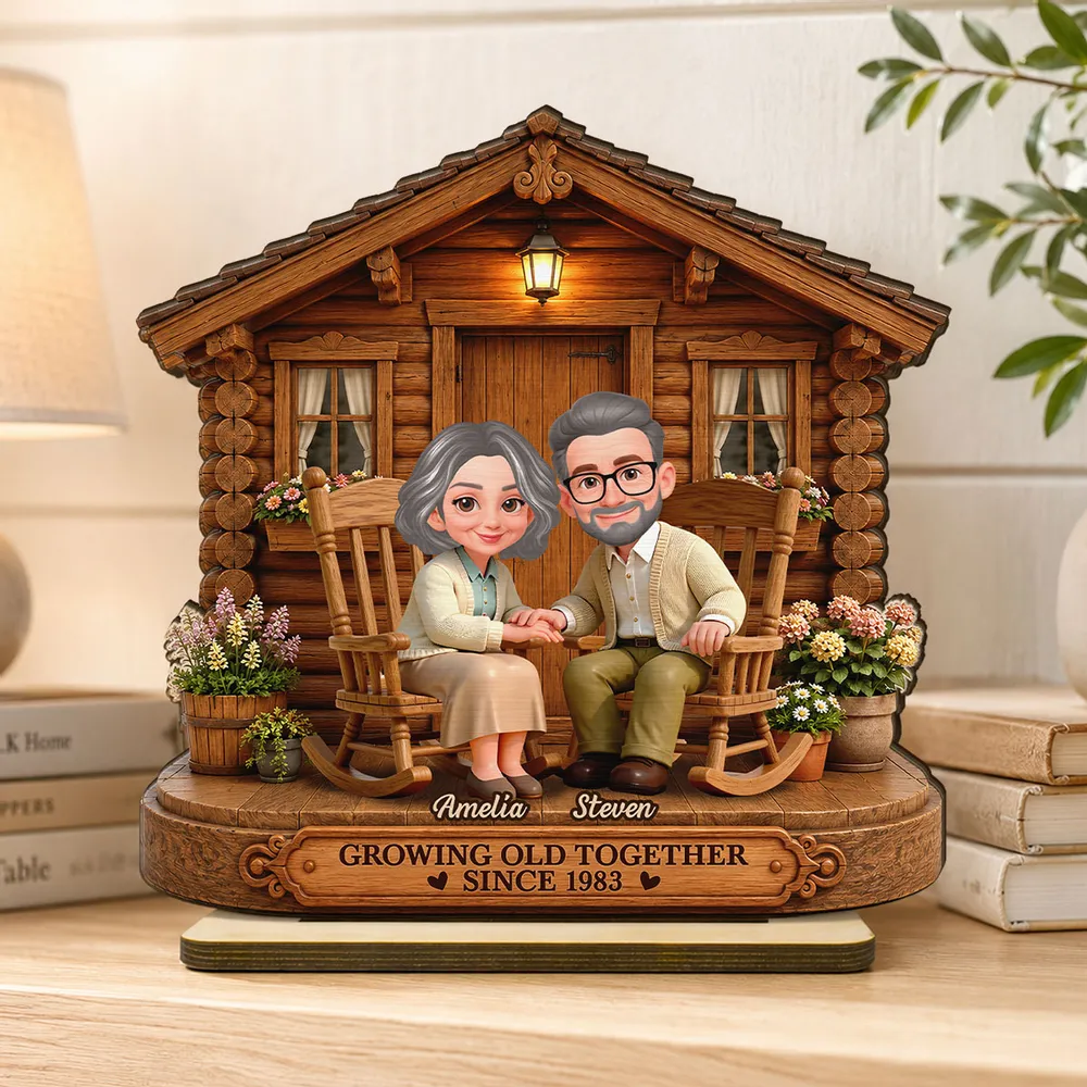 Personalized Wooden Plaque, Senior Couple Holding Hands by Cozy Cabin, Unique Creative Gift for Couple - Image 2