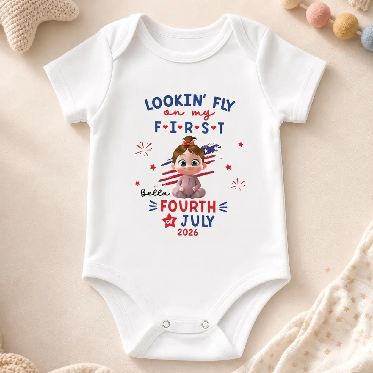 Personalized Baby Onesie, First Fourth Of July Outfit With Cute Patriotic Print, Unique Baby Gift