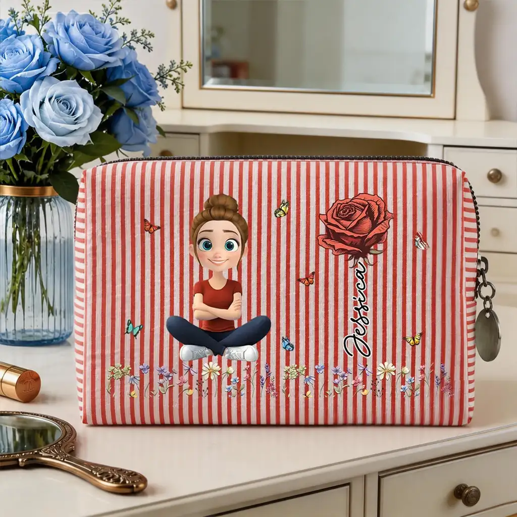 Personalized Stripes Makeup Bag, Sitting Cartoon Girl & Floral Rose Design, Unique Gift for Her