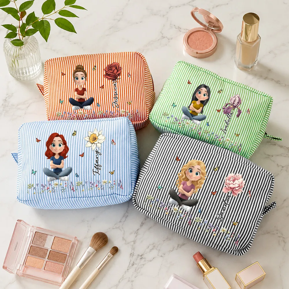 Personalized Stripes Makeup Bag, Sitting Cartoon Girl & Floral Rose Design, Unique Gift for Her - Image 3