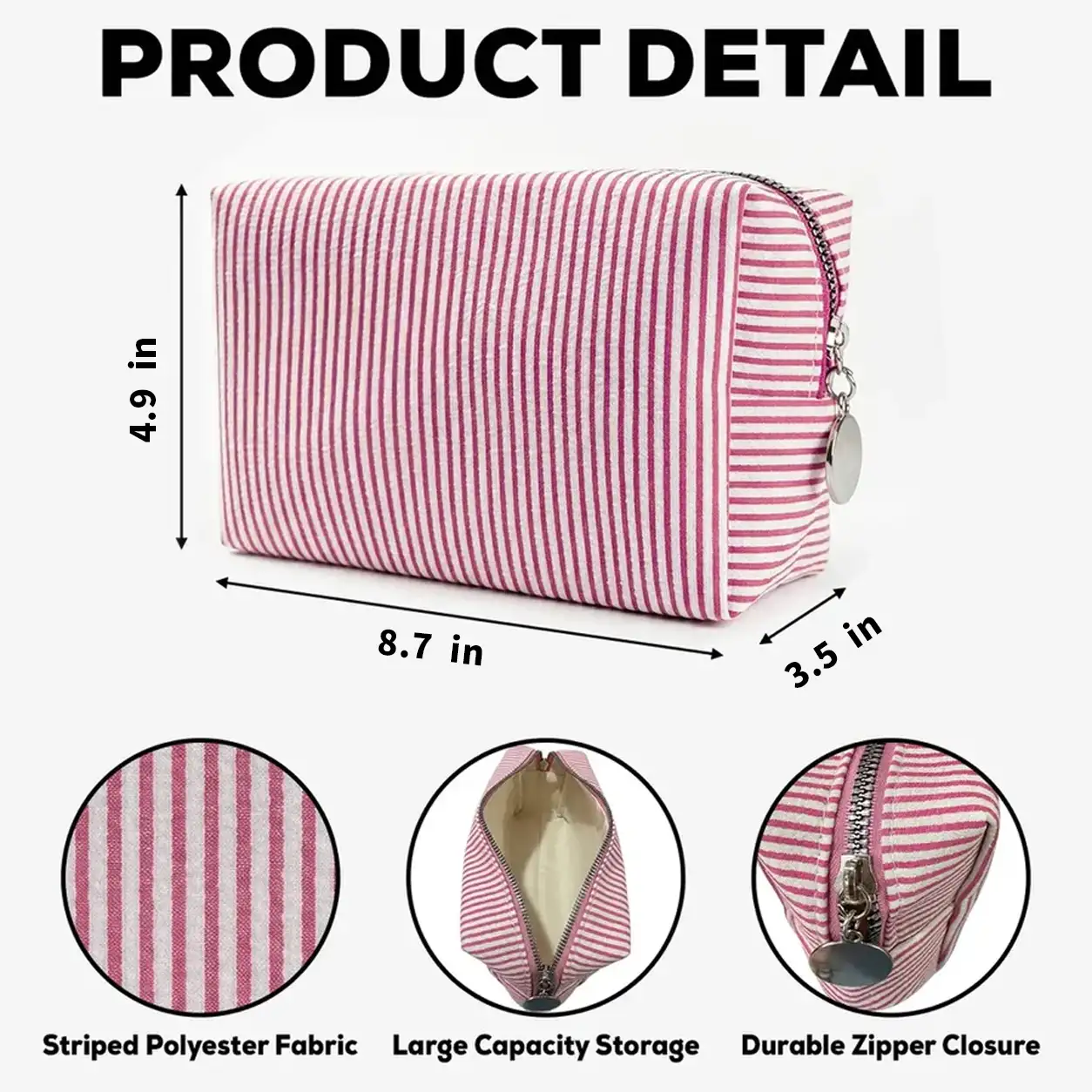 Personalized Stripes Makeup Bag, Sitting Cartoon Girl & Floral Rose Design, Unique Gift for Her - Image 4