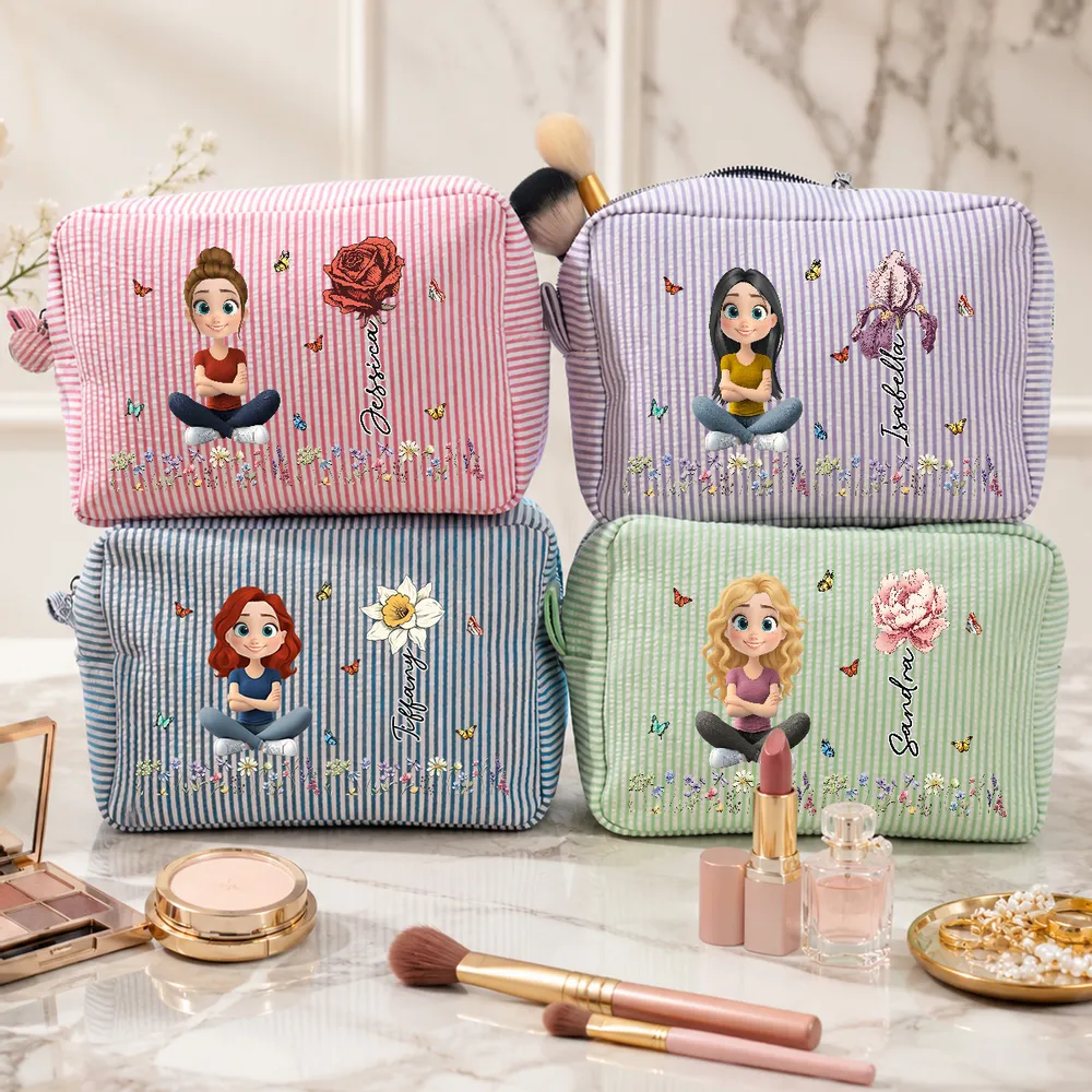 Personalized Stripes Makeup Bag, Sitting Cartoon Girl & Floral Rose Design, Unique Gift for Her - Image 6