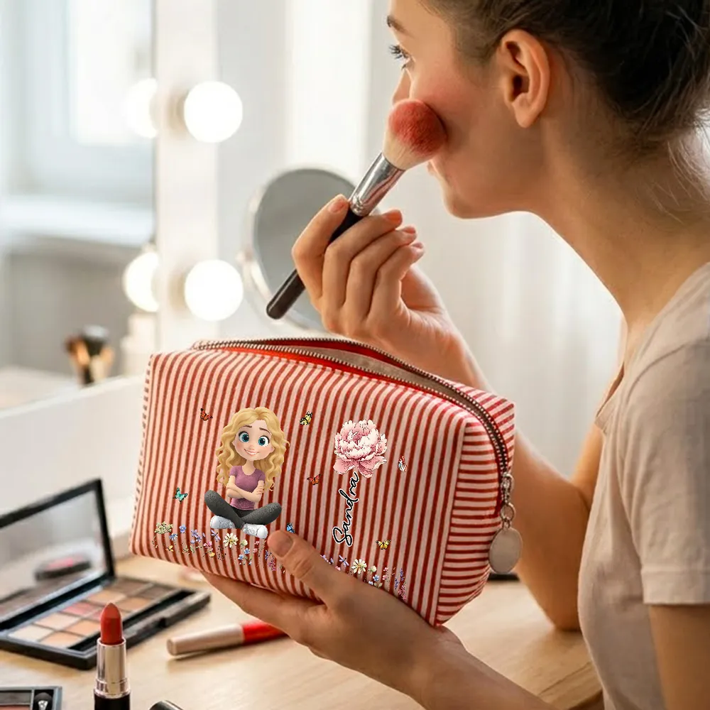 Personalized Stripes Makeup Bag, Sitting Cartoon Girl & Floral Rose Design, Unique Gift for Her - Image 8