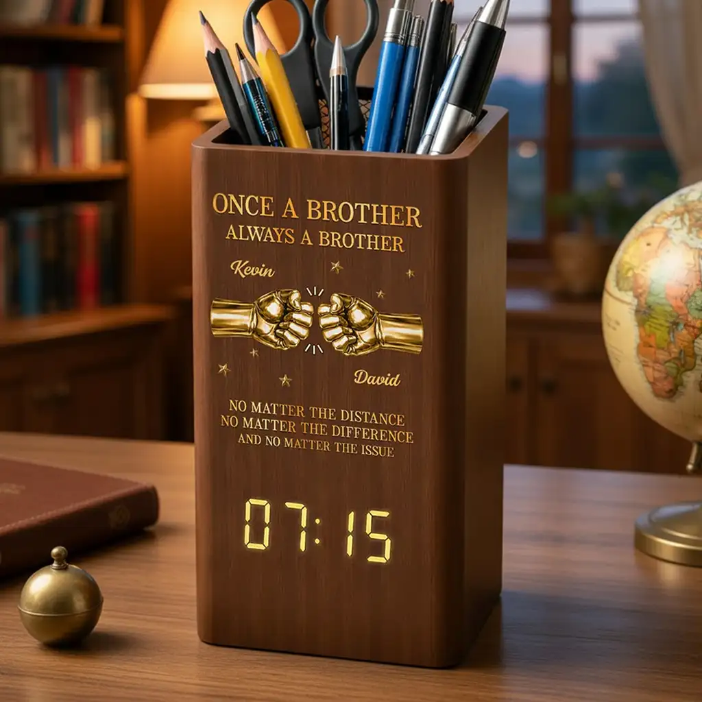 Personalized Wooden Pen Holder Clock, Brother Fist Bump Desk Organizer, Unique Gift for Brother