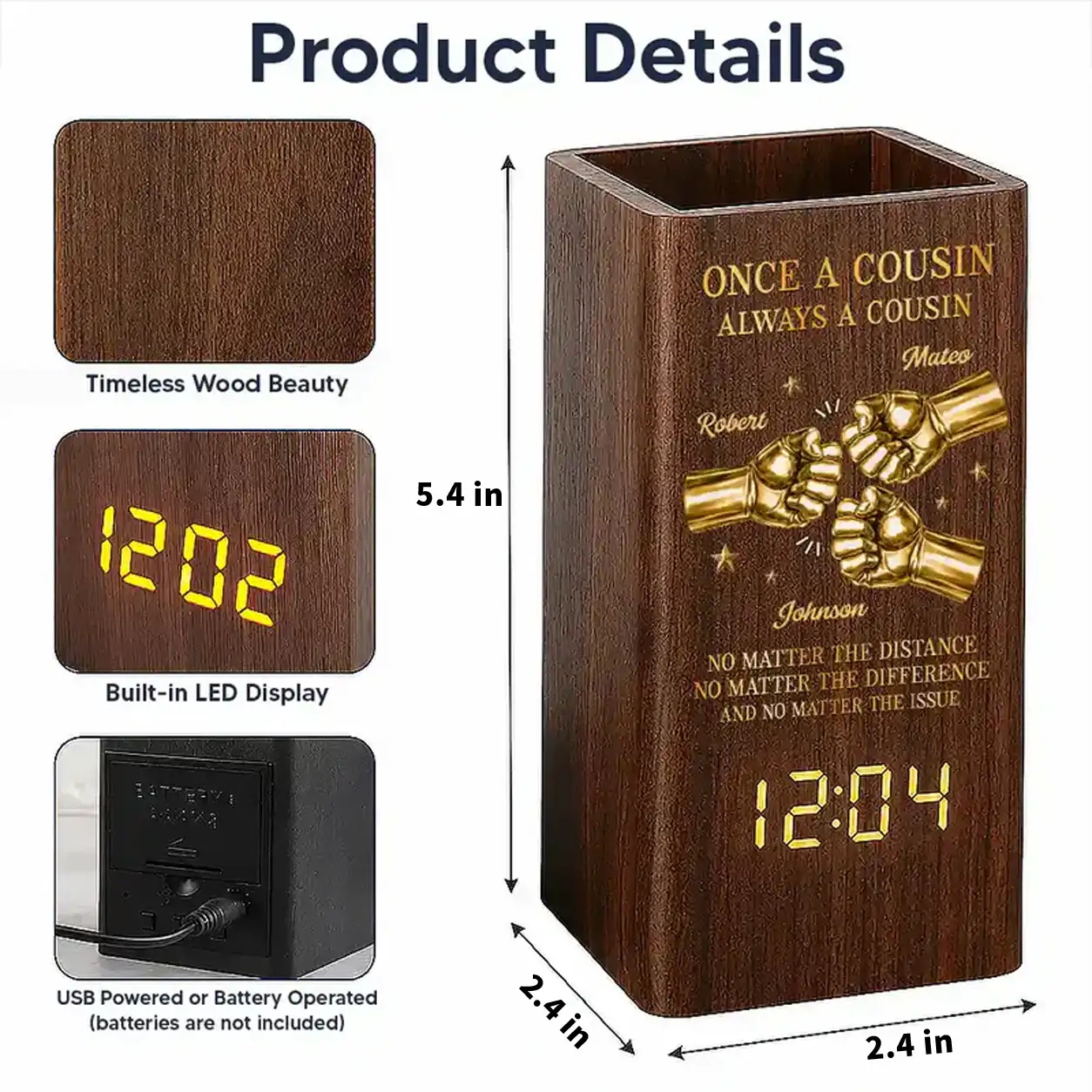 Personalized Wooden Pen Holder Clock, Brother Fist Bump Desk Organizer, Unique Gift for Brother - Image 4