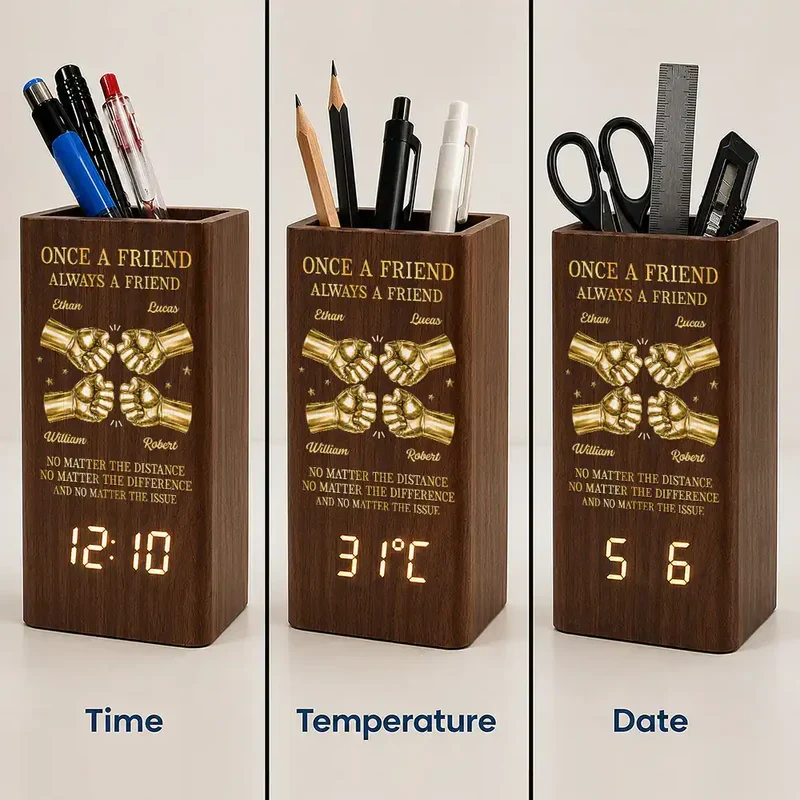 Personalized Wooden Pen Holder Clock, Brother Fist Bump Desk Organizer, Unique Gift for Brother - Image 6