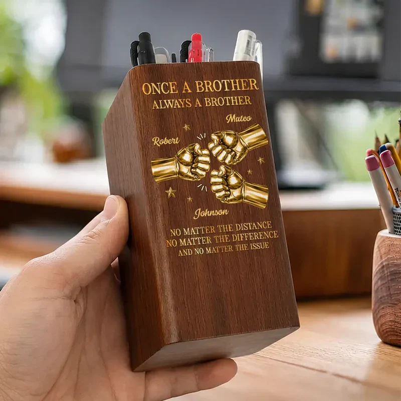 Personalized Wooden Pen Holder Clock, Brother Fist Bump Desk Organizer, Unique Gift for Brother - Image 7
