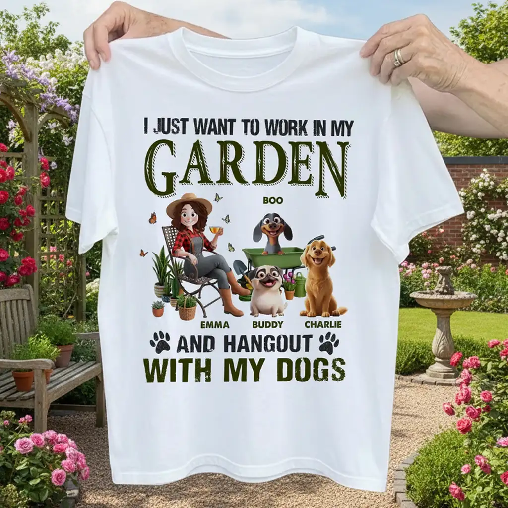 Classic Tee With Sitting Gardener & Dogs Cartoon, Personalized Creative Gift for Pet Owners