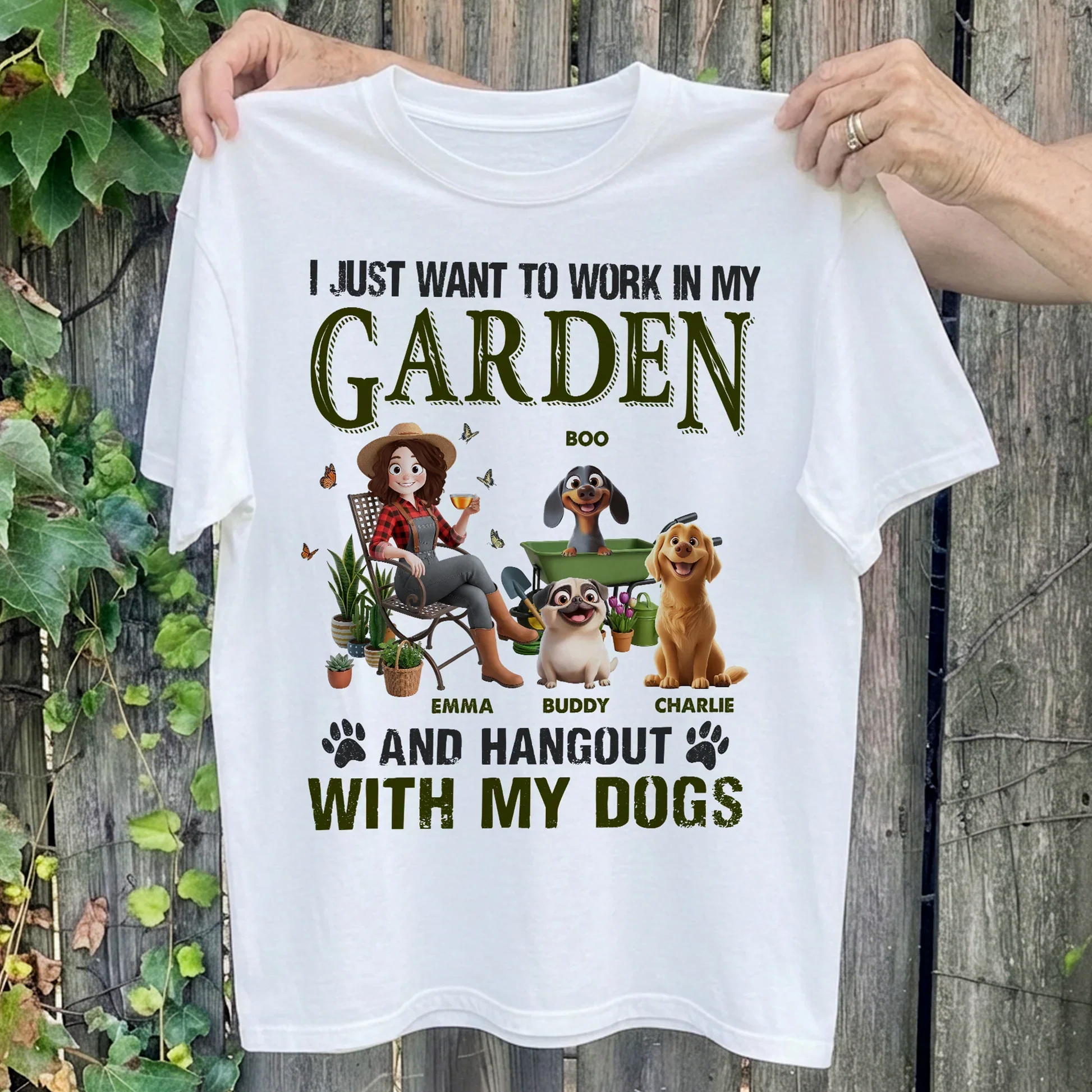 Classic Tee With Sitting Gardener & Dogs Cartoon, Personalized Creative Gift for Pet Owners - Image 2