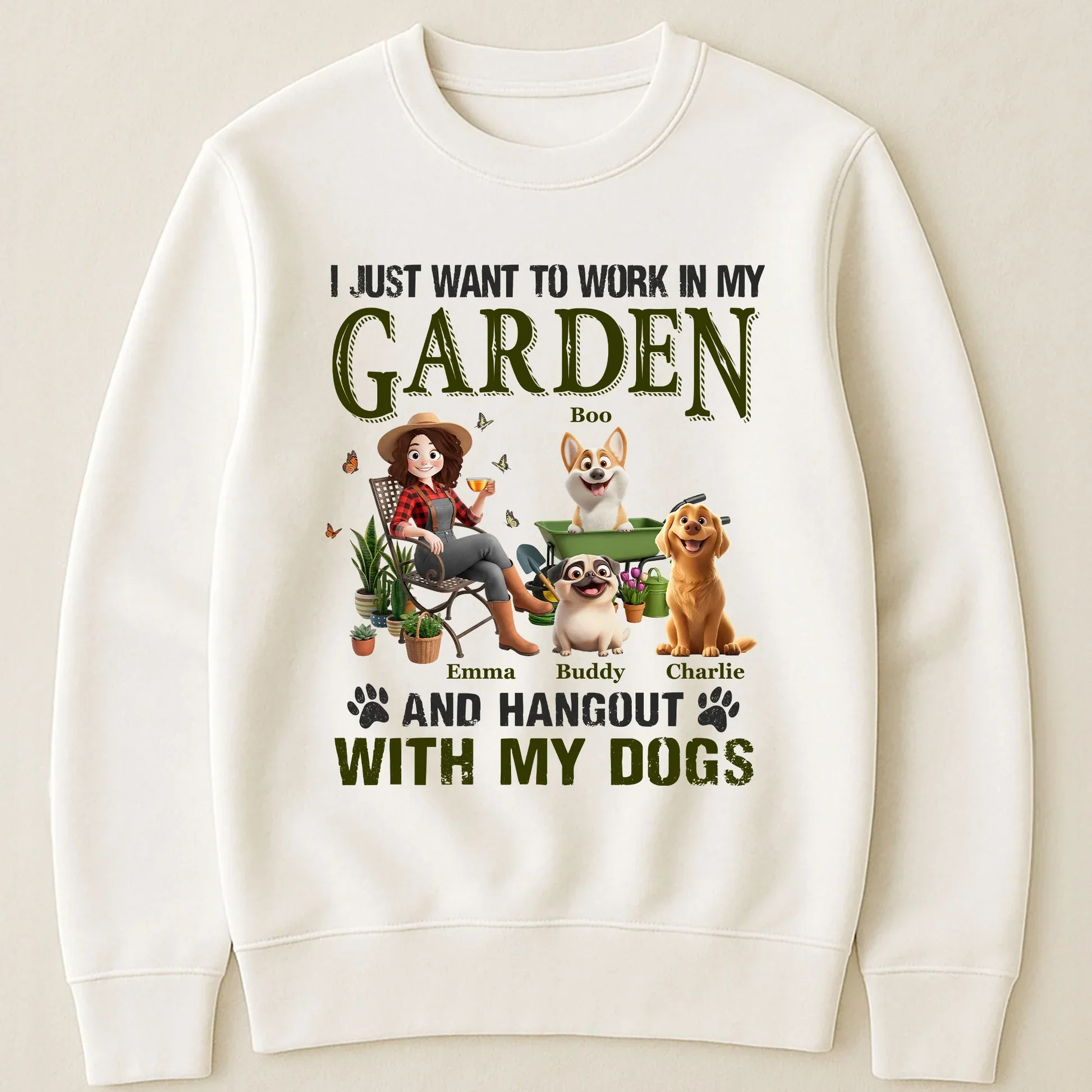 Classic Tee With Sitting Gardener & Dogs Cartoon, Personalized Creative Gift for Pet Owners - Image 4