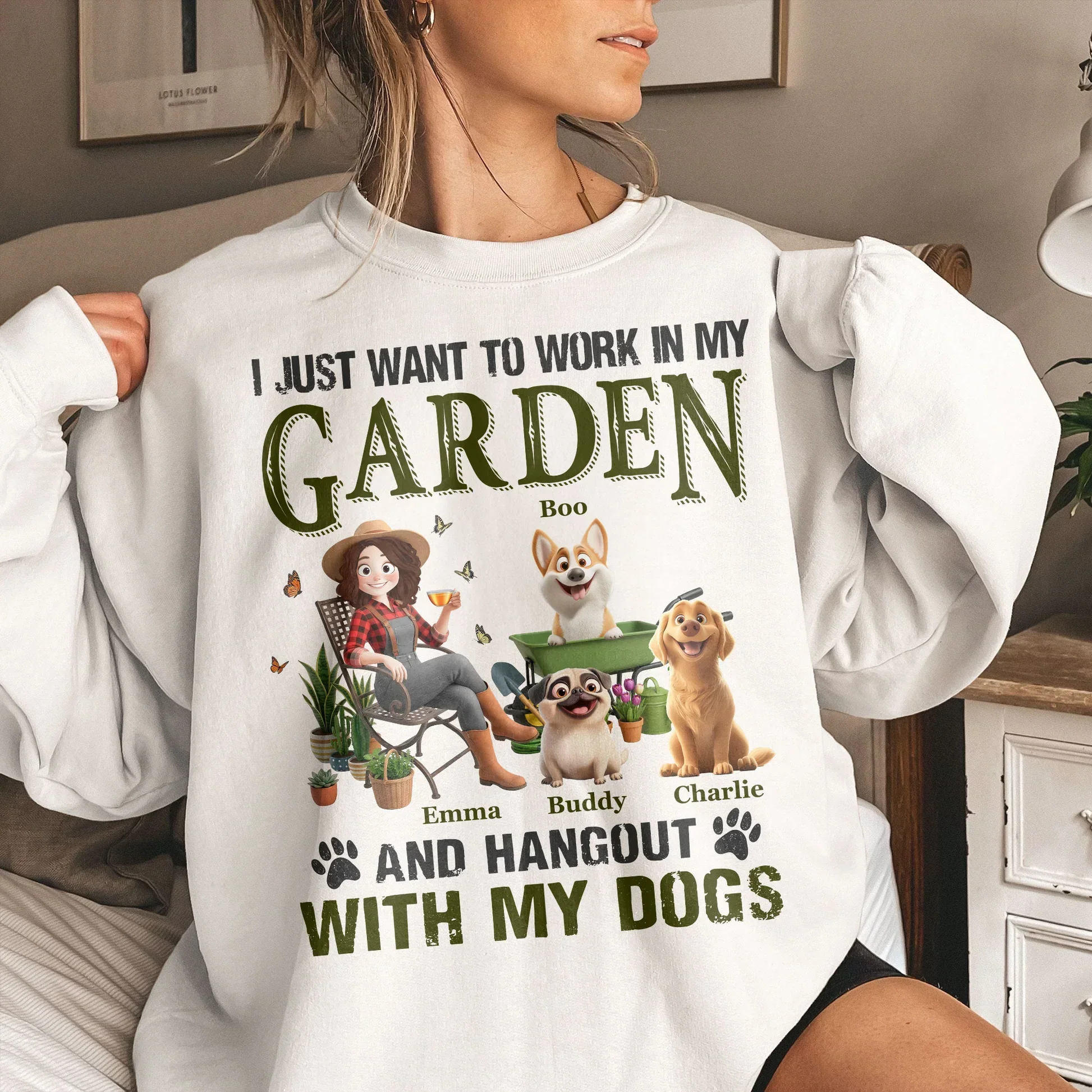 Classic Tee With Sitting Gardener & Dogs Cartoon, Personalized Creative Gift for Pet Owners - Image 5