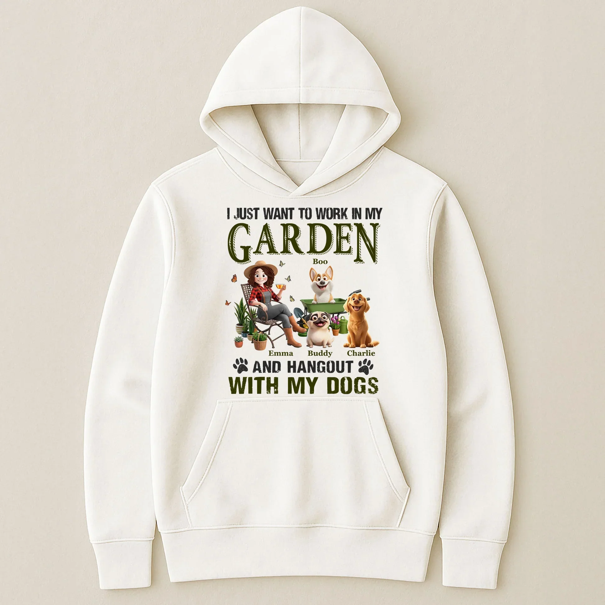 Classic Tee With Sitting Gardener & Dogs Cartoon, Personalized Creative Gift for Pet Owners - Image 6