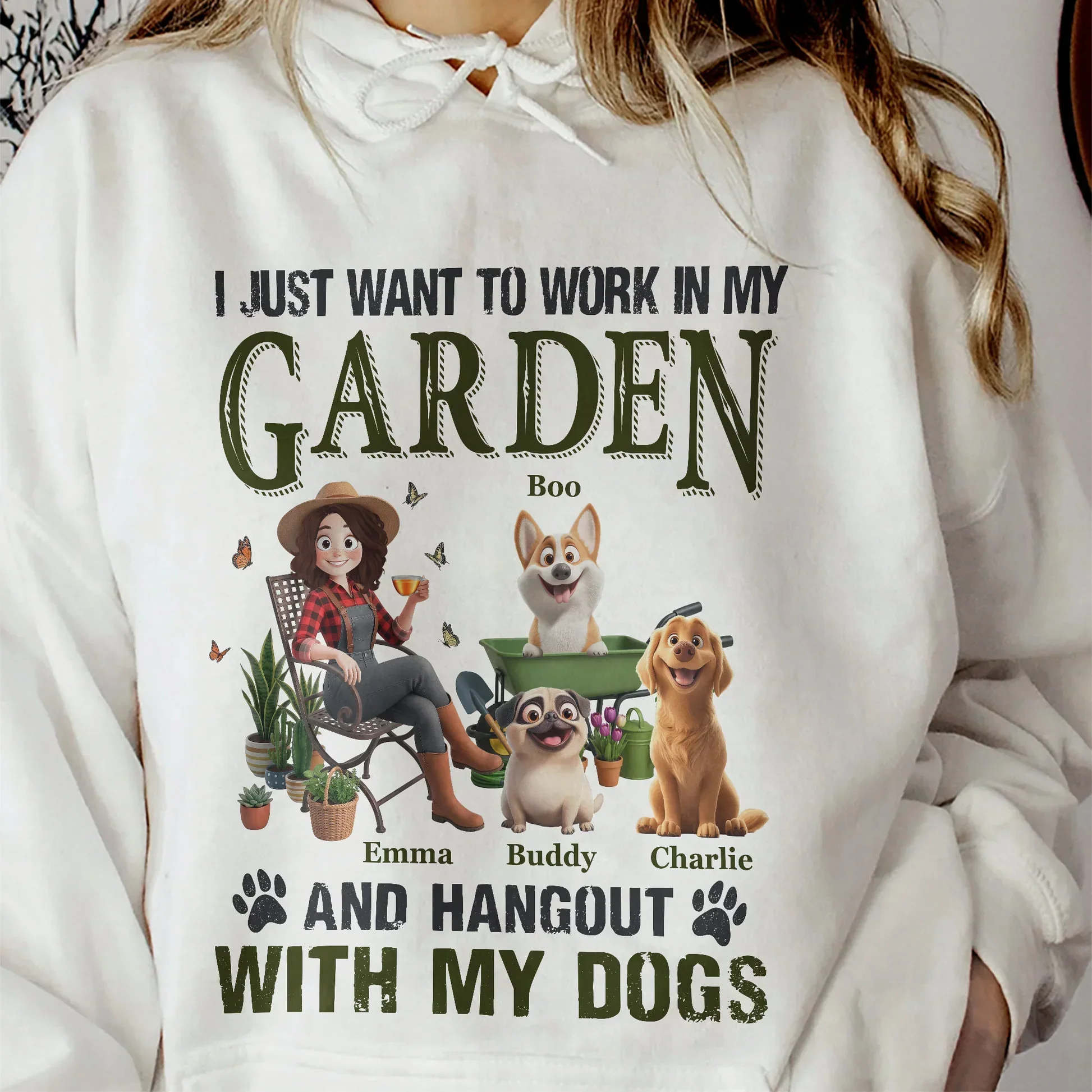 Classic Tee With Sitting Gardener & Dogs Cartoon, Personalized Creative Gift for Pet Owners - Image 7